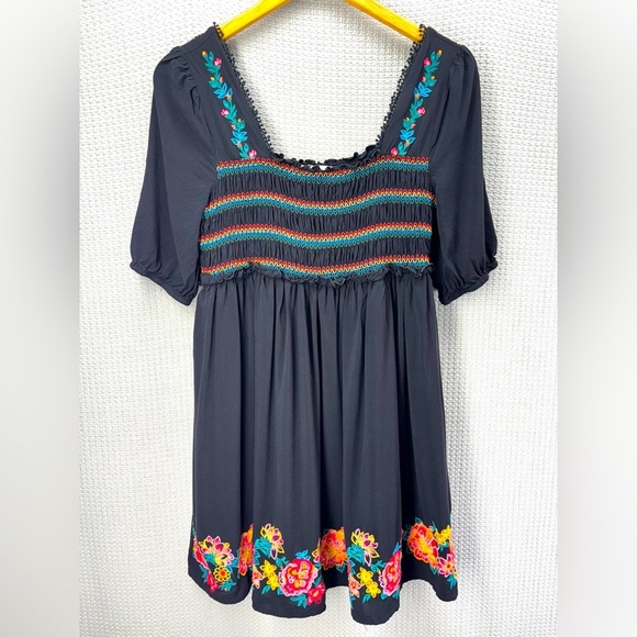 Savanna Jane Floral Embroidered Dress Black/Multicolor Peasant Boho Rainbow Sz S - Picture 1 of 9